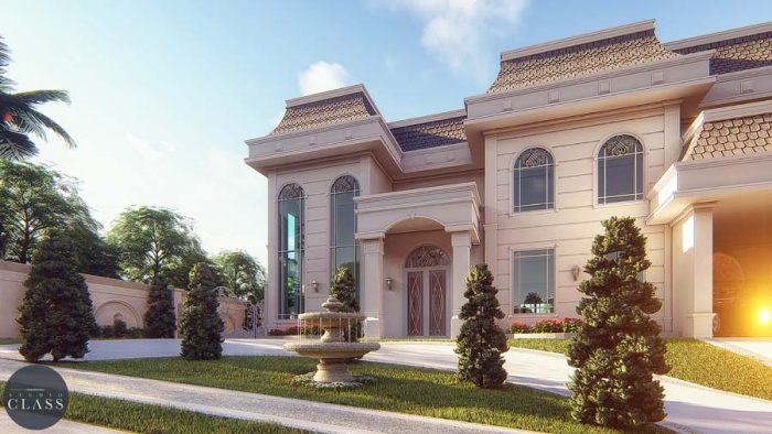 projeto mansao neoclassica estilo frances condominio araras 4 suites terreno desnivel lateral
